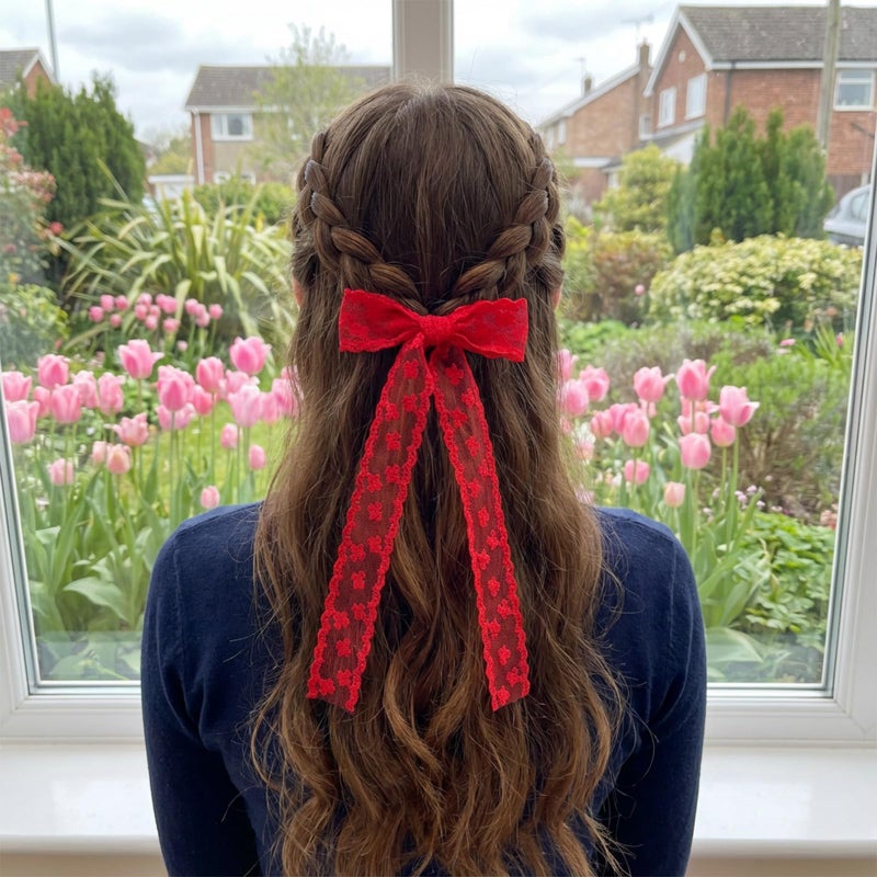 WJIAAA 6pcs Lace Hair Bow Clip, Lace Tassel Bows Metal Clips with Long Tail Ribbons, Coquette Bow Barrettes Black Red White Long Tail Ribbon Hair Bows for Women Christmas Valentines Wedding Prom - Image 3